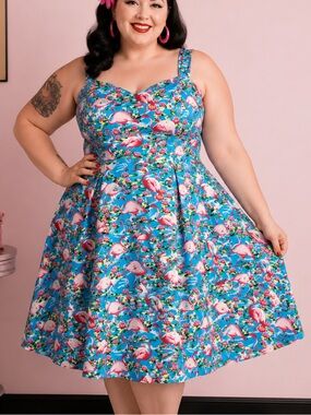 Hearts & Roses Flamingo Print Fit & Flare Dress Blue Pink Cotton Blend Size 16